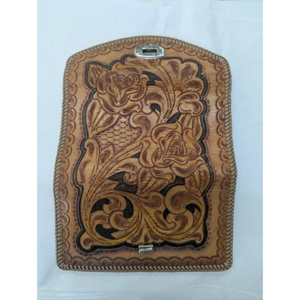 Brown Vintage Trifold Leather Wallet Billfold Tooled Whipstitch Metal‎ Clasp